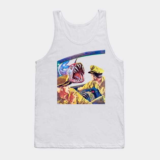 Terrifying Encounter: Two Sailors Confronted by Aquatic Monster in the Deep Ocean Depths Within Retro Vintage Submarine Tank Top by REVISTANGO